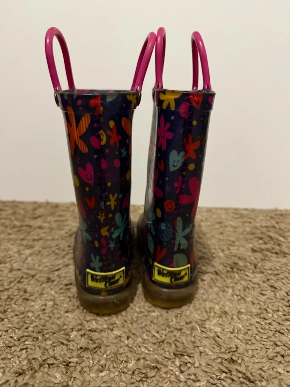 Kids Floral Pattern Rain Boots with Pink Handles